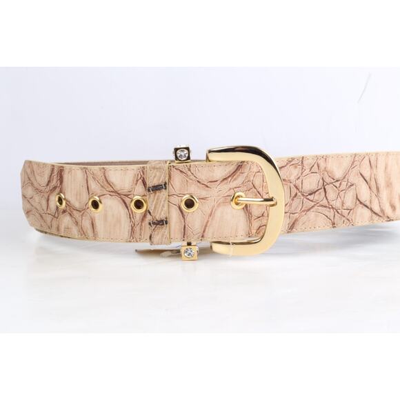 Beige Embossed Leather Wide Adjustable Waist Belt Size 46 Gold Buckle main image 9